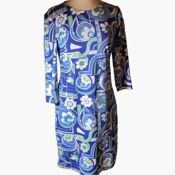 J. McLaughlin Blue Floral Dress Size Medium Stretchy Catalina Cloth Rear Zipper - Picture 1 of 9